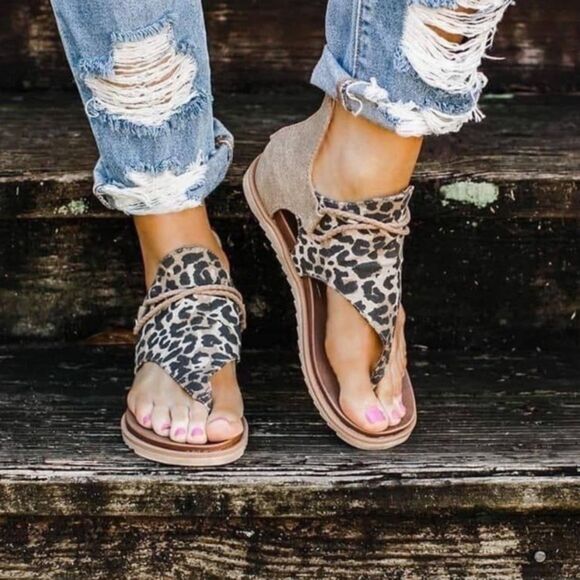 Very G Tan Brown Angelika Leopard Summer Thong Sandal Boho Gladiator Size 9 - Picture 1 of 11